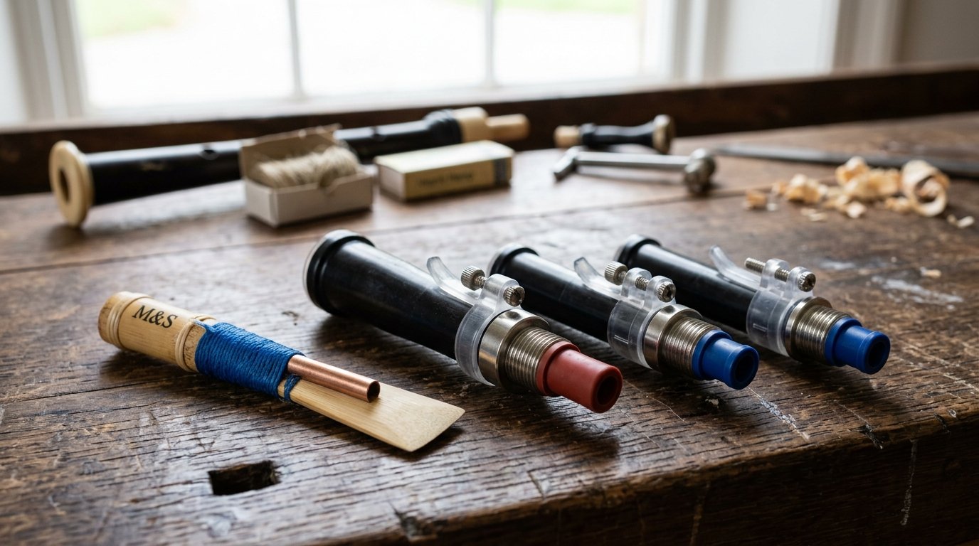 Les 4 anches de la cornemuse écossaise : anche de chanter en roseau et anches de bourdons synthétiques