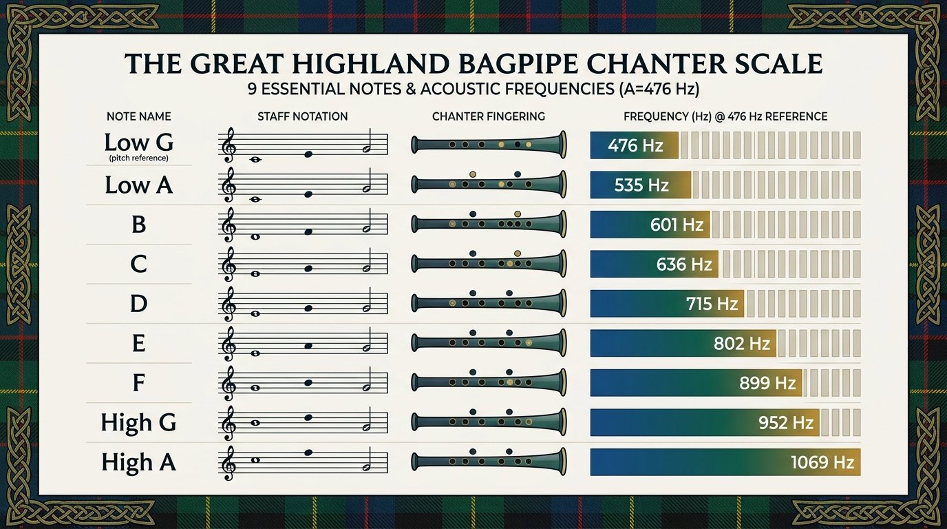 Infographie de la gamme de la cornemuse écossaise avec les 9 notes et fréquences acoustiques à 476 Hz