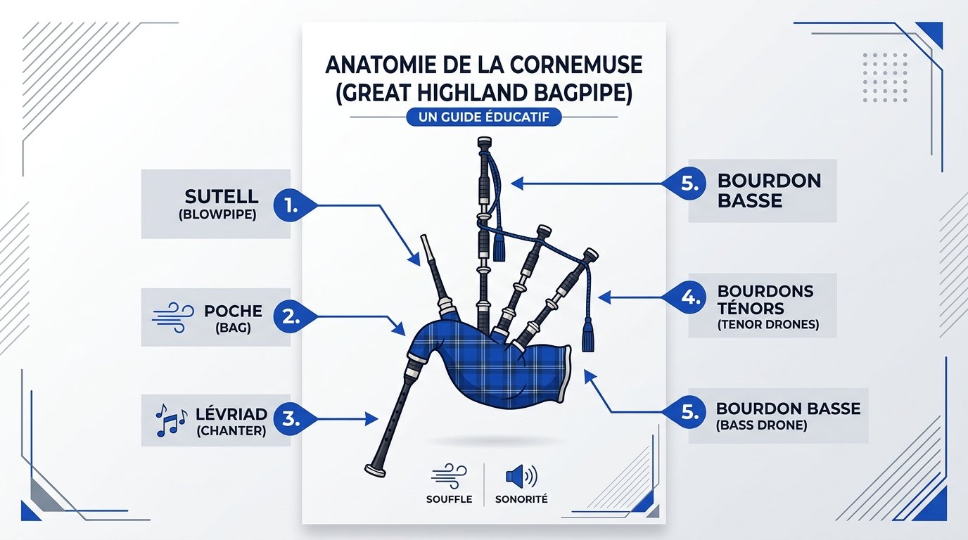 Infographie de l'anatomie de la cornemuse écossaise GHB