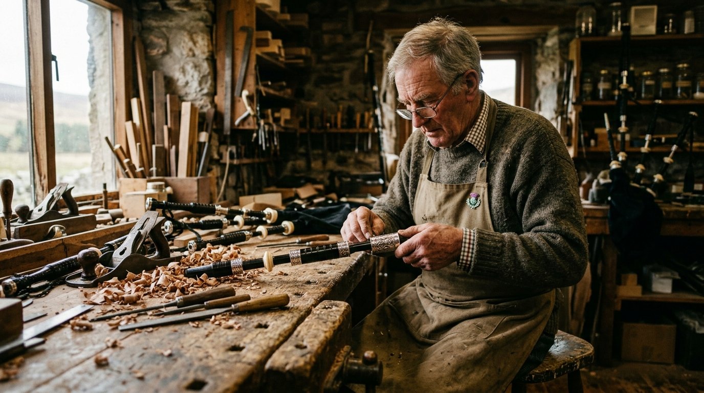 Inspection et assemblage d'une cornemuse en bois d'ébène chez un luthier spécialisé