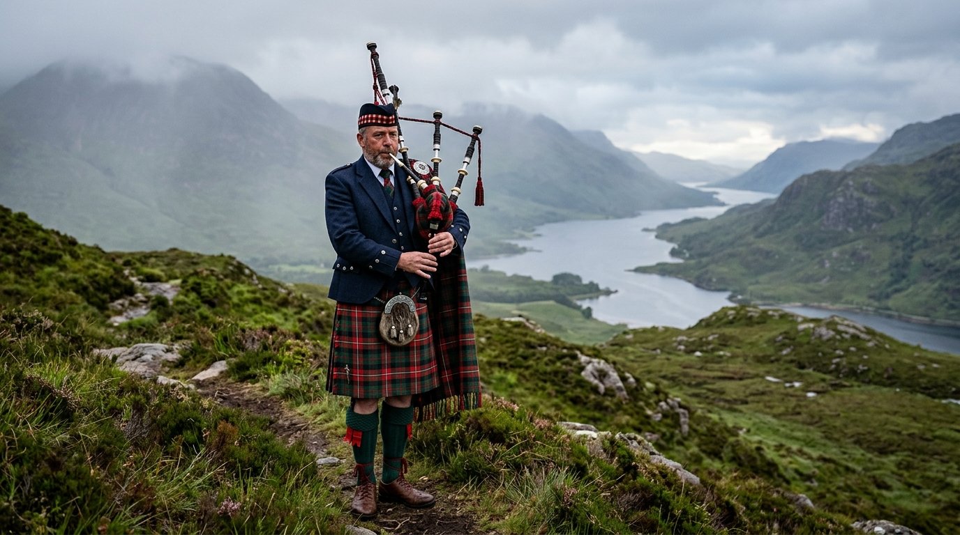 Sonneur de cornemuse en tenue traditionnelle dans les Highlands écossais